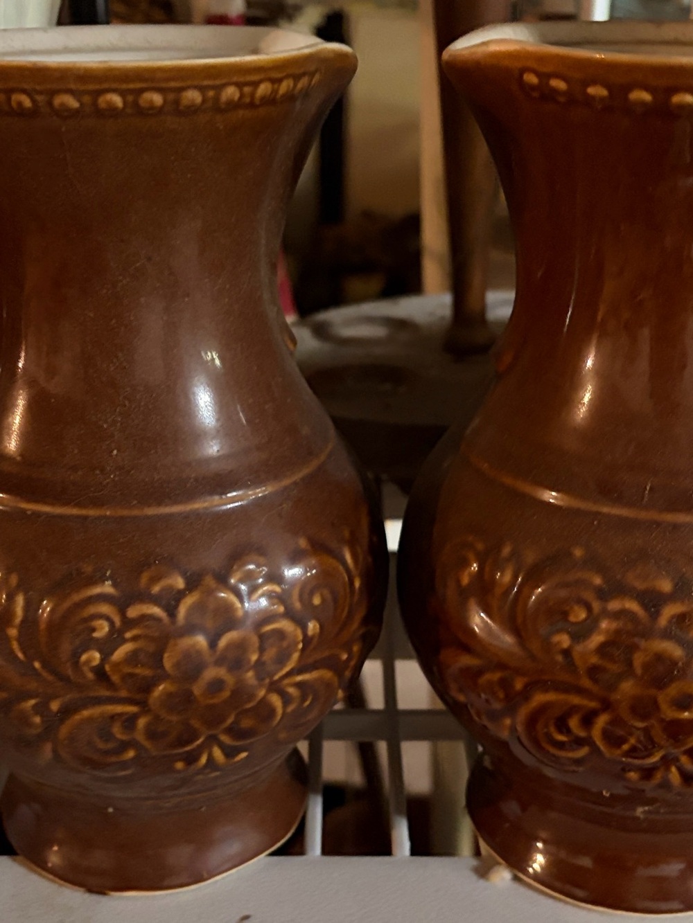 Set of 2 Brown Floral Relief Ceramic Pitcher Vase - Rustic Home Accent